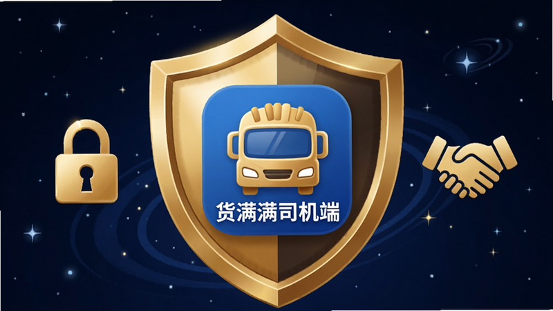 一张展示安全防护盾牌的插图,主体为“货满满司机端”APP图标被一个金色盾牌包裹,布局居中,背景为深蓝色星空感,风格为庄重可靠风,细节包含锁形图标和握手图标,象征信任与安全,画质高清