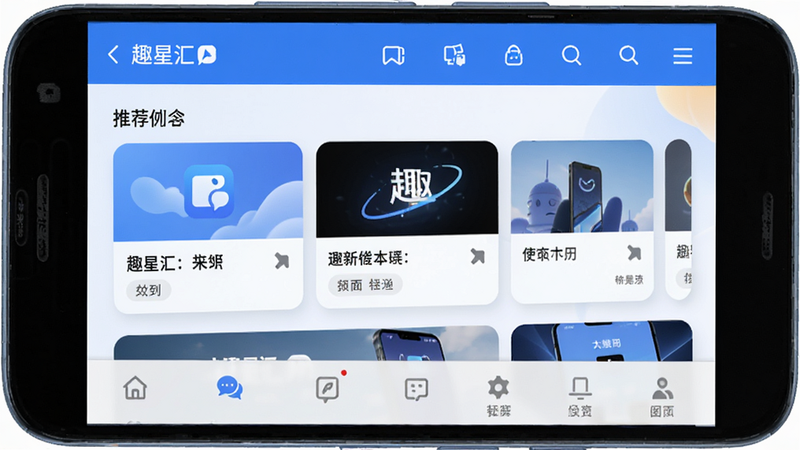 ����Ϊ��׿�ֻ���ĻչʾȤ�ǻ�APP��ҳ���棬����������������ʾ���������в�Ϊ�Ƽ����ݿ�Ƭ���ײ�Ϊ���ܱ�ǩ�������Ϊ�ִ���ƽ����ƣ�ϸ�ڰ��������Ӱ��Բ��Ԫ�أ����ʸ��壬�ɾ����޶���Ԫ�أ��������ݽ�������Ȥ�ǻ㡱Ӧ�����Ƽ���Ҫ���ܰ�ť��ɫ������ɫ�Ͱ�ɫΪ�����������Ӿ�Ч��רҵ���Ѻá�