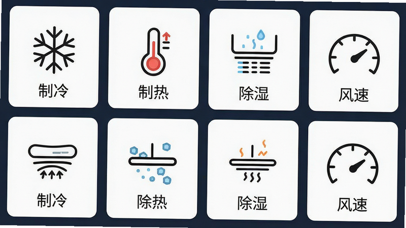 主体为应用功能菜单界面,布局采用网格状图标排列,展示制冷、制热、除湿、风速等选项,排版整齐,风格扁平化UI设计,细节处每个图标都有清晰的线条描绘,画质精细,干净,无多余元素,文字包含“制冷”、“制热”、“除湿”、“风速”
