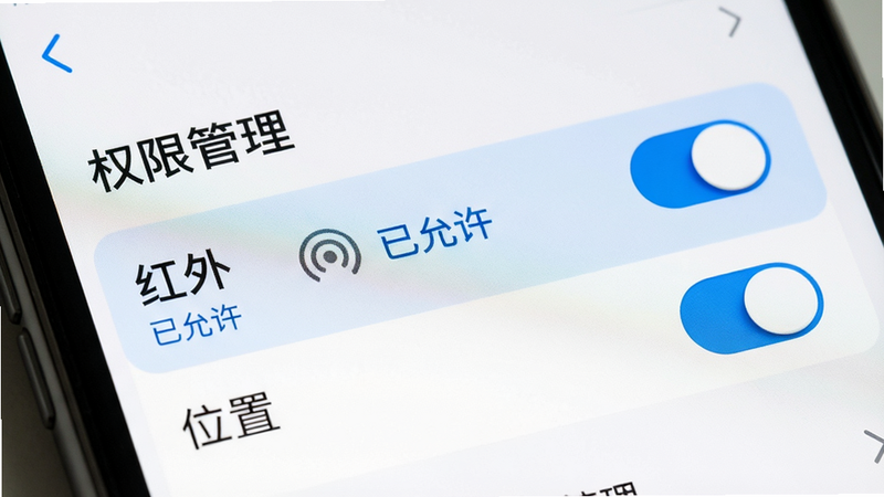 主体为手机设置权限界面特写,布局聚焦于“权限管理”列表,高亮显示“红外”和“位置”两项权限开关,排版清晰,风格系统原生UI,细节展示开关的蓝色激活状态,画质清晰,干净,无多余元素,文字包含“权限管理”、“红外”、“位置”、“已允许”