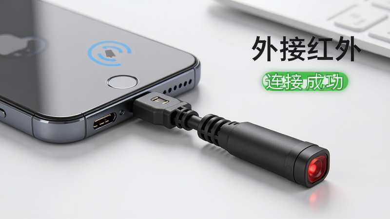 主体为手机与外接红外发射器连接示意图,布局展示手机底部接口连接一个小型红外棒,背景为简洁桌面,排版直观,风格产品摄影风,细节展示连接线和数据接口的特写,画质高,干净,无多余元素,文字包含“外接红外”、“连接成功”