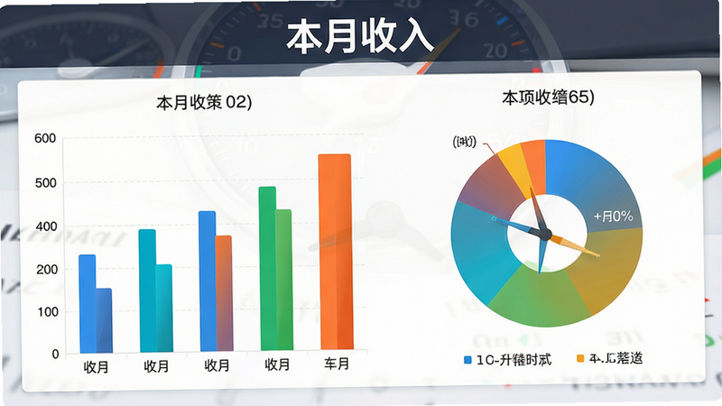 仪表盘界面,显示收入统计图表,柱状图和饼图结合,颜色鲜艳区分不同类别,背景简洁,风格商务,细节清晰,画质高清,无多余装饰,文字“本月收入”位于顶部