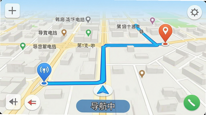 导航地图界面,显示蓝色路线轨迹,起点和终点标记清晰,背景为城市街道,风格写实,细节包括路名、地标,画质高,干净,无杂乱元素,文字“导航中”位于底部
