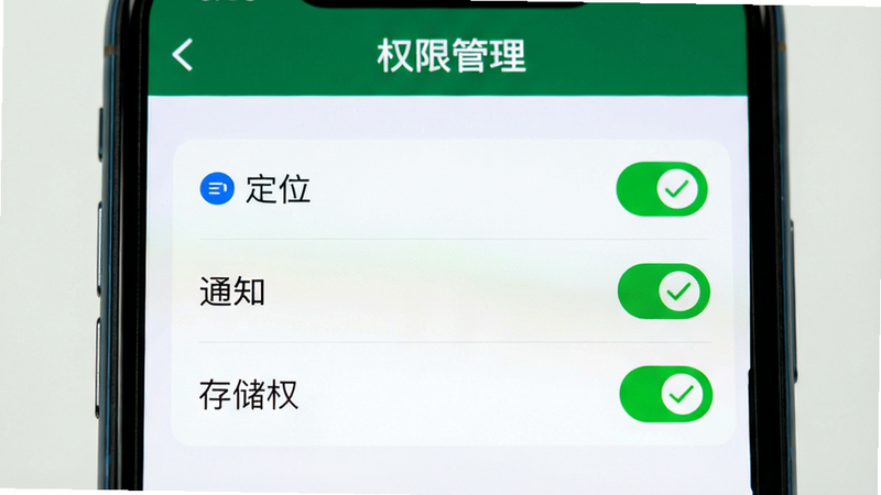 手机设置界面特写,显示权限管理页面,定位、通知、存储权限均已开启,勾选框为绿色,背景简洁,风格扁平,细节清晰,画质高,无多余元素,文字“权限管理”位于顶部