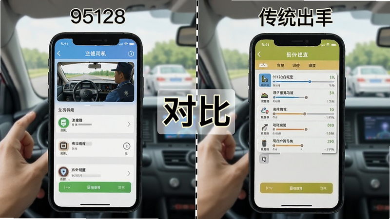对比图,左侧显示95128司机端界面,右侧显示传统出租车调度界面,中间用虚线分隔,风格对比鲜明,细节清晰,画质高,无水印,文字“对比”位于中间
