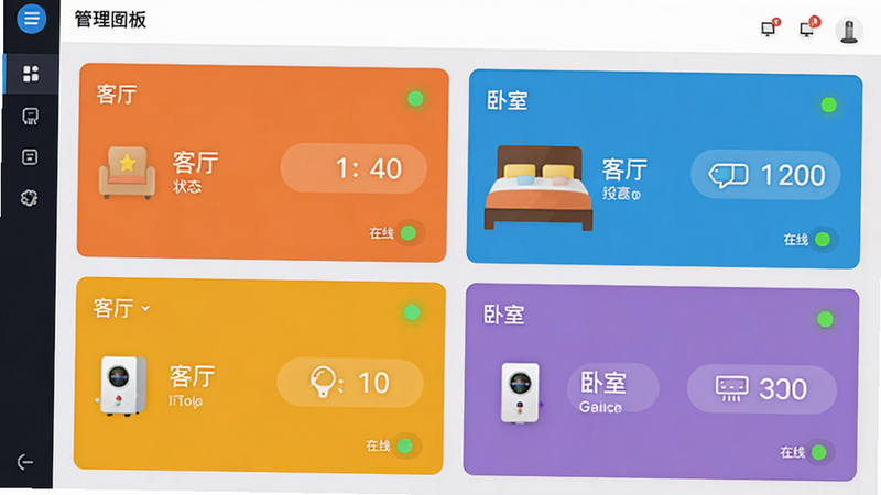 一个管理面板界面,显示多个房间的设备卡片,如“客厅”、“卧室”,每个卡片显示设备状态和在线指示灯,布局整齐,色彩区分明显,体现多设备协同管理的便捷