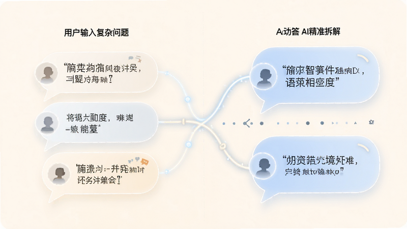 Magocoro智能语义理解功能示意图,左侧展示用户输入的复杂问题气泡,右侧展示AI精准拆解并回答的气泡,中间用光线连接,背景为柔和的米白色,布局左右分明,排版简洁,风格清新,细节丰富,画质高清,干净,无多余元素