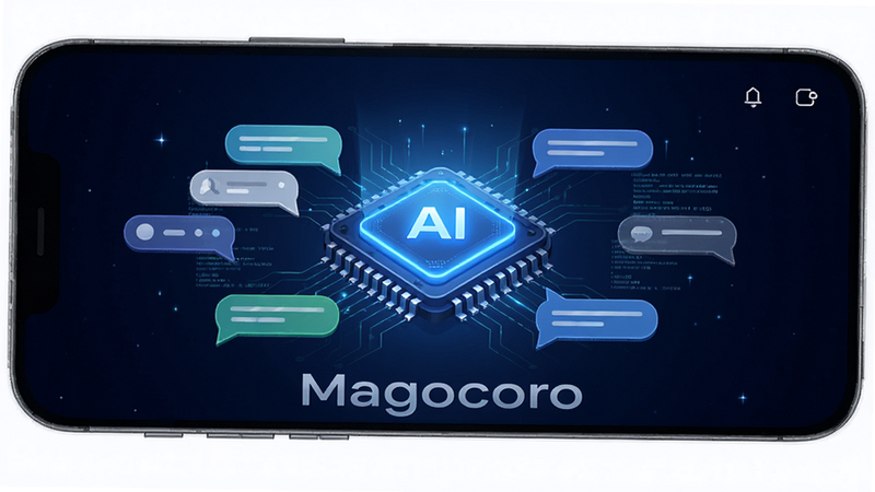 Magocoro安卓应用界面全景展示,中央悬浮一个发光的蓝色AI核心芯片,周围环绕着聊天气泡与数据流,背景为深空蓝色渐变,布局对称且富有科技感,排版清晰,风格现代简约,细节精致,画质超清,干净,无多余元素,文字