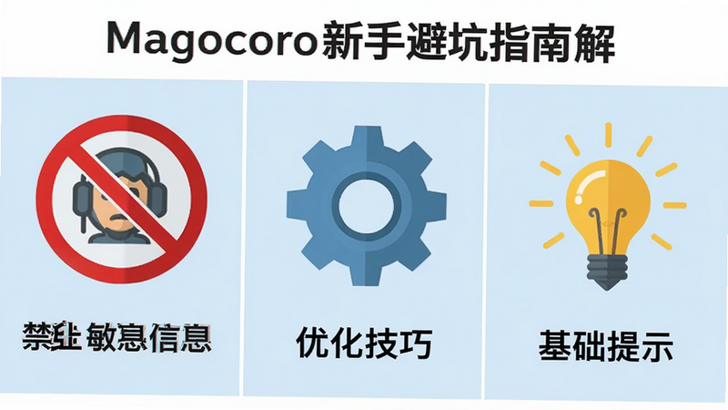 Magocoro新手避坑指南图解,画面分为三个部分,分别展示禁止输入敏感信息图标、优化技巧齿轮图标和基础提示灯泡图标,背景为浅蓝色,布局均衡,排版清晰,风格扁平化,细节明确,画质清晰,干净,无多余元素