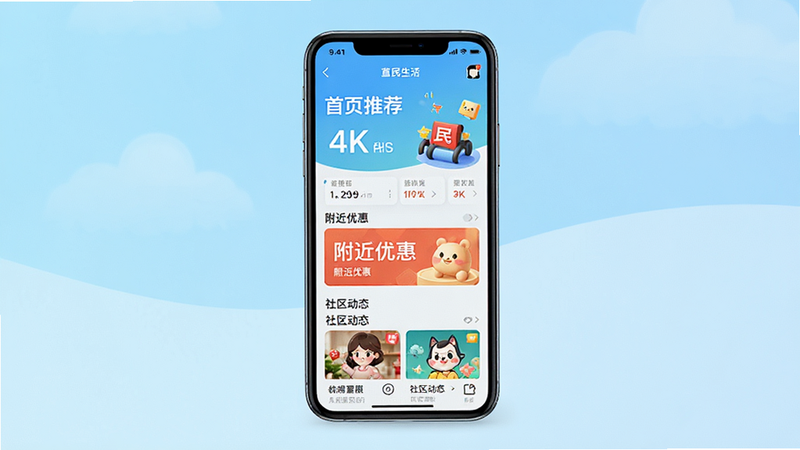 一张高清手机应用宣传海报,主体为微民生活APP界面截图,背景为清新浅蓝色渐变,界面展示首页推荐、附近优惠、社区动态等模块,布局整洁,色彩明亮,文字清晰可见,风格现代简约,画质4k,无多余元素