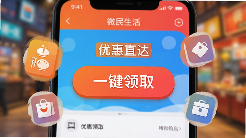 展示微民生活APP内优惠券领取界面的特写,界面中央醒目显示“一键领取”按钮,周围环绕着餐饮、购物等图标,背景虚化突出主体,色彩鲜艳吸引眼球,文字标注“优惠直达”,风格扁平化,细节丰富,高清画质