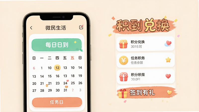 微民生活APP任务中心界面预览,展示每日签到日历、任务列表及积分余额,界面元素清晰,图标设计可爱,背景为柔和米色,强调“积分兑换”和“签到有礼”字样,排版有序,无杂乱元素,高清渲染