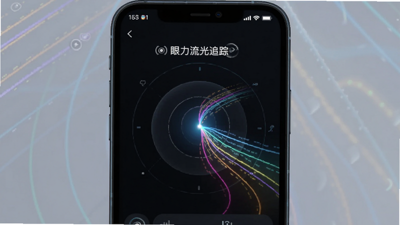 主体为“眼力流光追踪”应用的功能演示图,布局展示一个移动的光点被彩色流光线条追踪,背景为深色模式,排版突出中心追踪效果,风格为极简科技风,细节展示光线的流动感与轨迹平滑度,画质清晰,干净,无多余元素