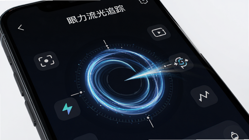 主体为手机屏幕显示“眼力流光追踪”应用主界面,布局清晰简洁,中央有一个发光的流光追踪特效圈,周围环绕着简约的UI图标,排版整齐,风格为现代科技感,细节展现流光的光影质感,画质高清,干净,无多余元素