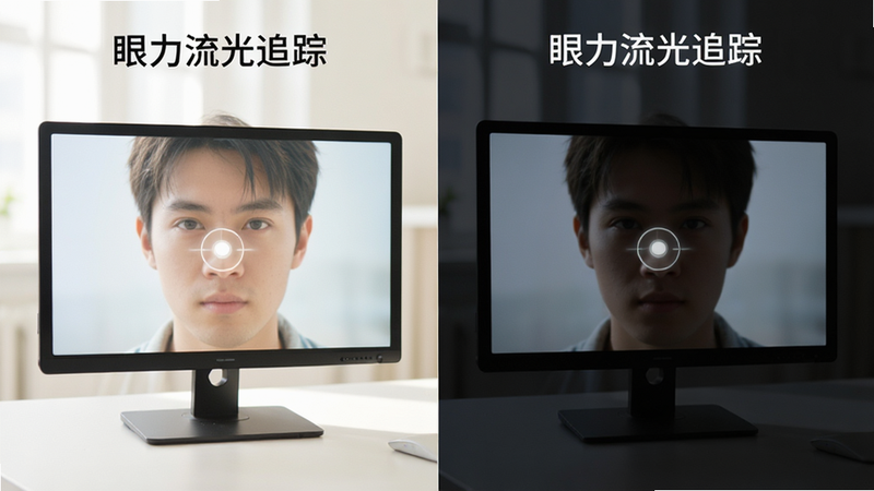 主体为“眼力流光追踪”在不同光线环境下的界面对比图,布局分为左右两半,左侧为强光环境,右侧为弱光环境,排版对称,风格为写实模拟,细节展示屏幕亮度变化的差异,画质细腻,干净,无多余元素