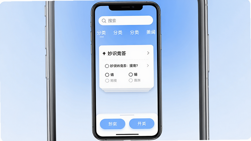 �������ֻ���Ļ��ʾ����ʶ����App���棬����Ϊ�������У��������������ͷ����ǩ���в�չʾһ����ѡ�⿨Ƭ���ײ���ѡ�ť�����Ϊ�ִ���ƽ����ƣ�ϸ�ڰ�����͵���ɫ���䱳������ɫ��Ƭ��Ӱ�������ĺ�ɫ���֣����ʸ��壬�ɾ����޶���Ԫ��
