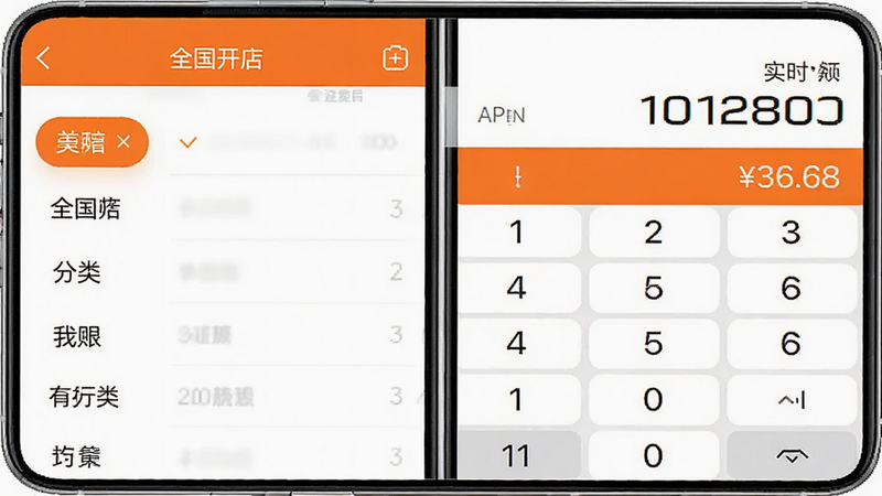 手机界面截图风格,展示“全国开店”APP的记账页面,左侧为分类标签,右侧为数字键盘与实时金额显示,配色为白色与橙色点缀,清晰易读,高清