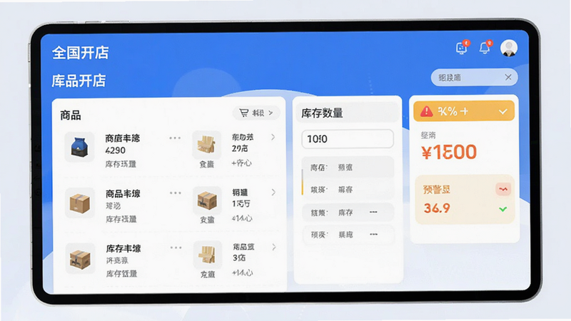 展示“全国开店”APP库存管理界面的UI设计图,包含商品列表、库存数量、预警标识,采用卡片式布局,色彩明快,专业商务风格,高清
