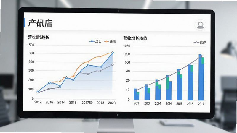 “全国开店”APP数据报表页面展示,包含折线图与柱状图,展示营收增长趋势,风格专业严谨,高清