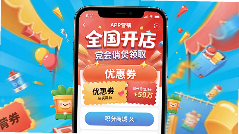 “全国开店”APP会员营销页面展示,包含优惠券领取按钮、积分商城入口,设计风格活泼诱人,突出营销氛围,高清