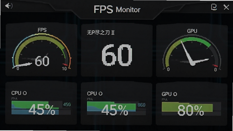 ����Ϊ���޾�֮�� II�������ܲ��Խ��棬��ʾ֡�� FPS ��ֵΪ 60��CPU ռ���� 45%��GPU ռ���� 80%������Ϊ�Ǳ�����ʽ��������ɫ�����ְ���