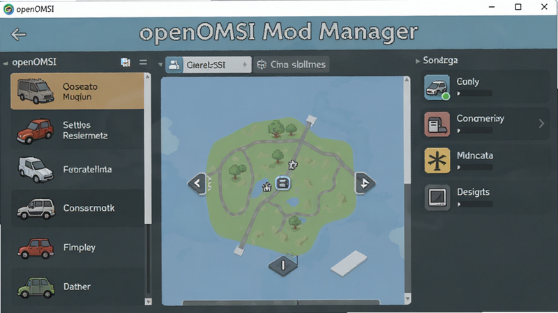 openOMSI 游戏内的模组管理器界面,左侧显示车辆列表,中间显示地图选择,右侧显示音效包选项,界面布局整齐,图标清晰,风格扁平化,色彩搭配柔和,文字'openOMSI Mod Manager'醒目,画质清晰,无杂乱元素