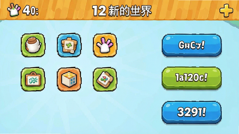 米加全新世界手机界面截图,主体为游戏主菜单,布局简洁,风格卡通,细节包含图标与按钮,画质高清,干净,无多余元素