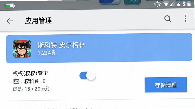 主体为安卓手机设置界面截图,布局显示“应用管理”页面,高亮显示“斯科特皮尔格林”应用条目,排版包含权限管理开关与存储清理按钮,风格为Material Design,细节包含电池电量图标与信号强度指示,画质清晰,干净,无多余元素