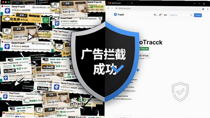 NoTracck 广告拦截效果对比图,左侧杂乱广告,右侧纯净页面,中间盾牌分割,文字