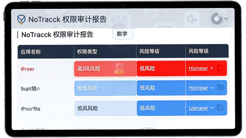 NoTracck 权限审计报告,表格形式展示应用名称、权限类型、风险等级,红色高亮高风险项,蓝色为低风险,专业 UI 设计,清晰明了