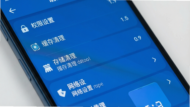 主体为手机设置界面,布局为列表形式,排版清晰,风格为科技蓝,细节包含权限管理、存储清理、网络设置选项,文字标注“权限设置”、“缓存清理”,画质清晰,干净,无多余元素