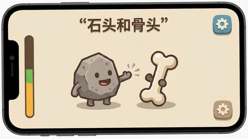 主体为一款名为“石头和骨头”的手机游戏界面截图,布局清晰,背景为浅米色,中央有两个卡通化的石头和骨头角色正在互动,左侧显示关卡进度条,右侧有设置按钮,排版简洁现代,风格扁平化卡通,细节处有柔和阴影,画质高清,干净,无多余元素,文字“石头和骨头”加引号