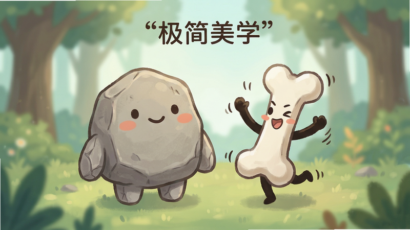主体是游戏角色立绘,布局居中,石头角色憨态可掬,骨头角色灵活俏皮,两者并排站立,背景为虚化的自然环境,排版平衡,风格清新治愈,细节处有柔和的光影过渡,画质柔和,干净,无多余元素,文字“极简美学”加引号