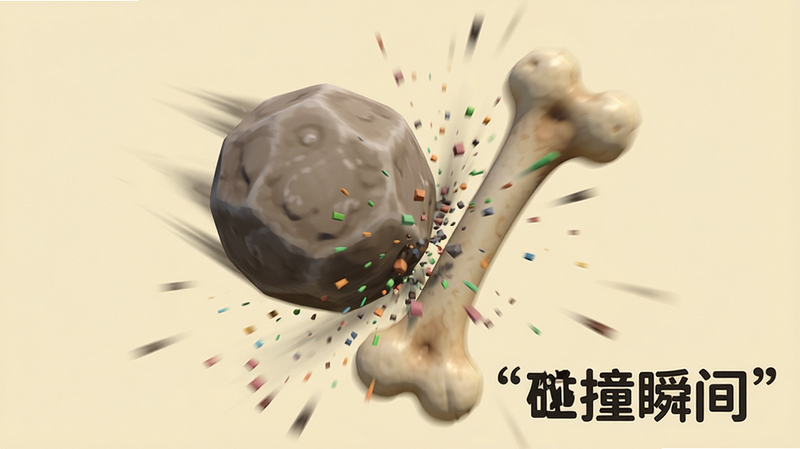 主体是游戏内的物理碰撞瞬间,布局动态感强,一个圆形石头正撞击一根骨头,周围有轻微的运动模糊效果以表现速度感,背景为纯色,排版突出中心冲突点,风格写实卡通结合,细节展示碰撞产生的微小粒子特效,画质细腻,干净,无多余元素,文字“碰撞瞬间”加引号