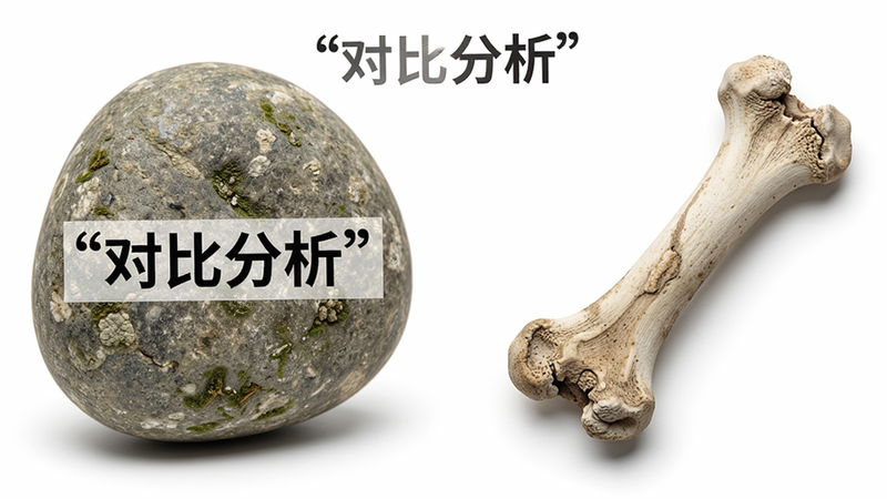 主体是石头和骨头的对比图,布局左右并列,左侧为石头特写,右侧为骨头特写,背景为白色,排版对比鲜明,风格写实,细节展示材质纹理,画质高清,干净,无多余元素,文字“对比分析”加引号