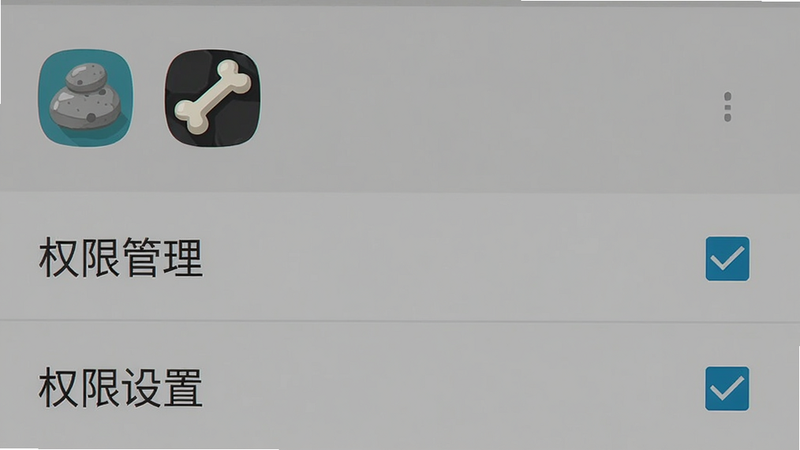 主体是手机设置界面截图,布局清晰,显示“权限管理”选项,石头和骨头的图标位于列表顶部,背景为系统默认灰色,排版规范,风格安卓原生,细节处有勾选标记,画质清晰,干净,无多余元素,文字“权限设置”加引号