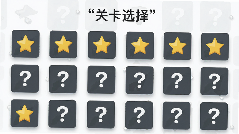 主体是关卡选择界面,布局为网格状,每个方块代表一关,已通关的关卡显示星星,未通关的显示问号,背景干净,排版整齐有序,风格简约扁平,细节处有轻微的悬浮效果,画质清晰,干净,无多余元素,文字“关卡选择”加引号