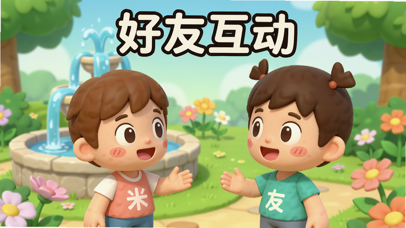 主体为米加全新世界多人互动场景,布局两个卡通角色在花园中聊天,周围有喷泉和花朵,排版轻松愉快,风格为明亮卡通,细节如角色表情生动,画质柔和,干净背景,文字