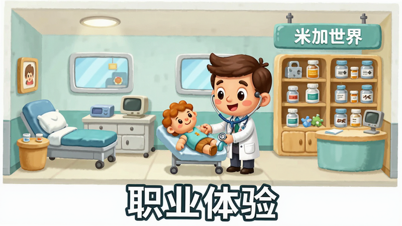 主体为米加全新世界医院场景,布局左侧为诊室,右侧为药房,中间有一位穿着白大褂的卡通医生角色正在检查玩偶病人,排版对称,风格为美式卡通,细节如听诊器、药瓶清晰可见,画质细腻,干净背景,文字