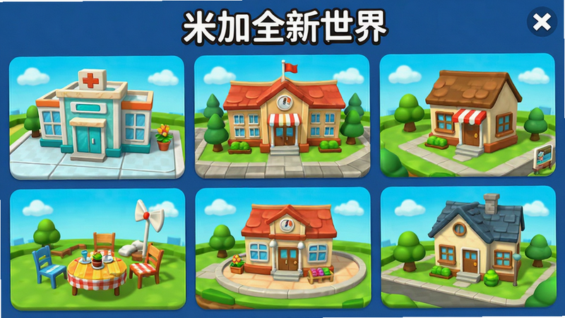 主体为米加全新世界游戏主界面,布局展示多个生活场景入口,包括医院、学校、餐厅和住宅区,排版整齐,风格为3D卡通渲染,细节丰富,色彩明亮饱和,画质高清,干净无多余元素,文字