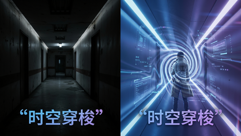 主体为游戏内时空切换的场景,布局为分屏对比效果,左侧是昏暗的现实走廊,右侧是明亮的全息幻影通道,排版对称平衡,风格为赛博朋克与侦探风结合,细节展示空间扭曲的光效,画质高清,干净,无多余元素,文字加引号