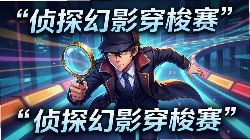 主体为游戏《侦探幻影穿梭赛》的高清主视觉图,布局采用中央聚焦式,排版整洁大气,风格为现代二次元科幻风,细节丰富,展示侦探角色手持放大镜穿梭在光影交错的赛道中,画质4k,干净,无多余元素,文字加引号
