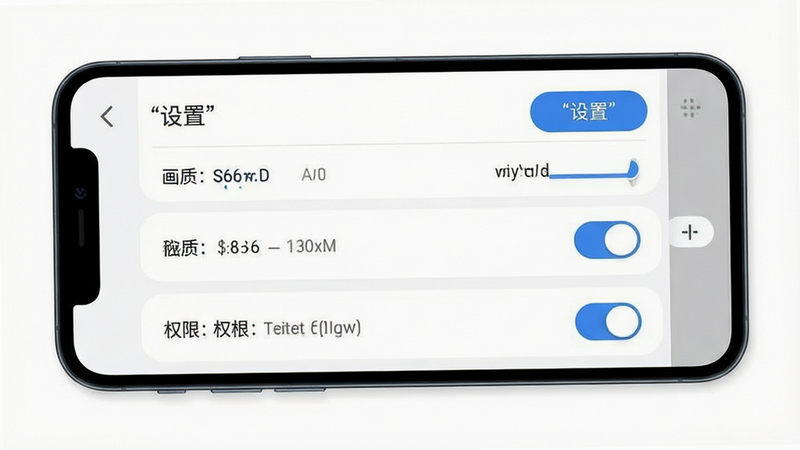 主体为手机屏幕显示游戏设置界面,布局为垂直列表式,排版清晰,风格为扁平化UI设计,细节展示画质选项和权限开关,画质清晰,干净,无多余元素,文字加引号