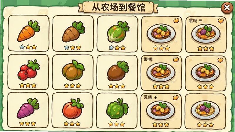 主体为“从农场到餐馆”游戏内的菜单与作物图鉴界面,布局采用网格状排列,展示多种蔬菜图标与对应的菜品缩略图,排版紧凑有序,风格为卡通手绘,细节处包含文字标签与星级评价,画质明亮,干净,无多余元素