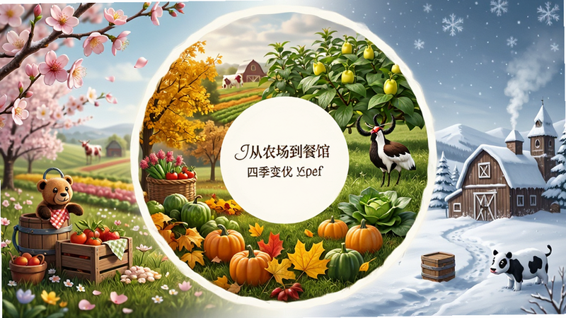 主体为“从农场到餐馆”中四季变换的场景概念图,布局呈环形分布,分别展示春花开、夏树茂、秋叶黄、冬雪落的景象,排版和谐统一,风格唯美浪漫,细节处包含季节特有的道具与氛围光效,画质通透,干净,无多余元素