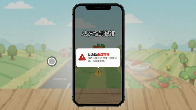 主体为手机屏幕显示“从农场到餐馆”游戏加载界面与错误提示弹窗的场景图,布局居中,风格简约,细节处包含红色警告图标与文字说明,画质清晰,干净,无多余元素