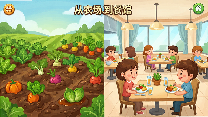 主体为一款名为“从农场到餐馆”的手机游戏界面全景图,布局采用左右分栏设计,左侧展示郁郁葱葱的绿色农田与成熟的蔬菜,右侧展示整洁明亮的餐厅内部与正在用餐的卡通顾客,排版整齐有序,风格为清新手绘插画风,细节处包含泥土纹理与食物光泽,画质高清,干净,无多余元素