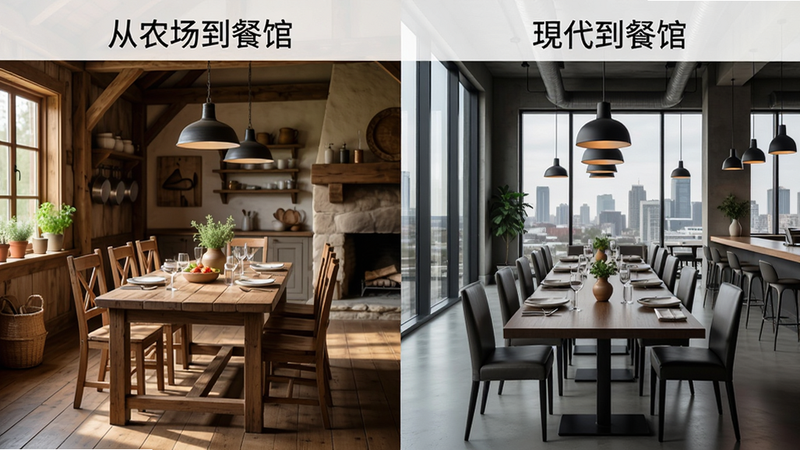主体为“从农场到餐馆”中两个不同风格的餐厅内饰对比图,布局左右并列,左侧为乡村田园风,右侧为现代都市风,排版对称均衡,风格细腻写实,细节处展示家具材质与光影效果,画质精致,干净,无多余元素