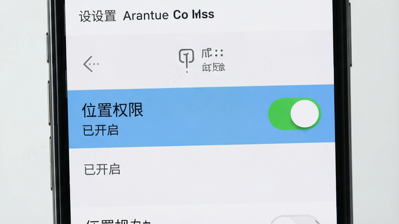 手机界面显示设置页面,高亮显示“位置权限”开关,文字提示“已开启”,背景简洁,风格清晰,细节准确,高清画质,无多余装饰