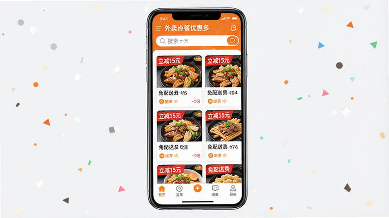 主体为手机屏幕界面,显示“外卖点餐优惠多”APP首页,布局清晰,顶部为搜索栏,中部展示多个外卖商家卡片,每张卡片标注“立减15元”、“免配送费”等红色优惠标签,底部为导航栏。风格为扁平化设计,色彩以橙色和白色为主,细节丰富,画质高清,干净无多余元素,文字“外卖点餐优惠多”清晰可见